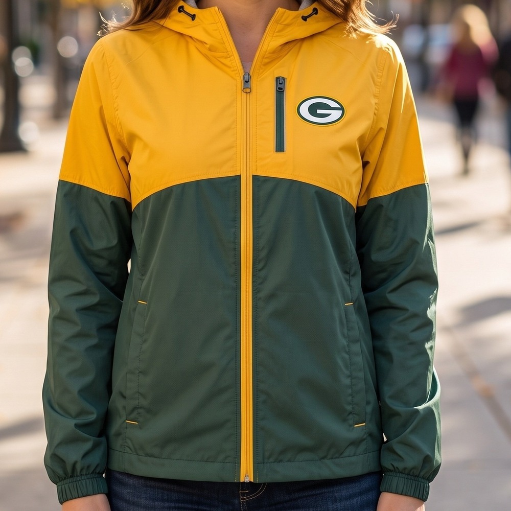 NFL Team Apparel Green Bay Packers Women Green Gold Hooded Windbreaker Jacket